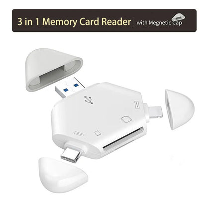 Tri-Connect Universal Memory Card Reader - Type-C, USB and Lightning port for Apple