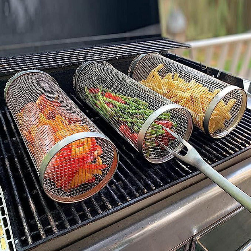 Rolling Grilling Barbecue Basket - Portable Outdoor Camping BBQ Rack